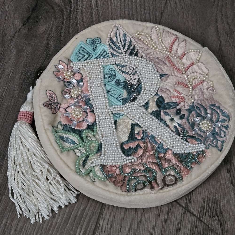 Anthropologie Embroidered Floral Pouch - Cream, Pink, Blue